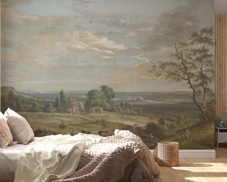 Vintage Landscape Mural Wallpaper, Countryside Oil Painting Wall Art ...