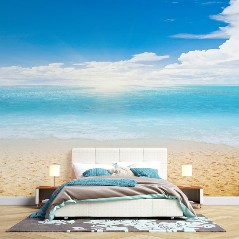 Beach Landscape Wallpaper Mural: Blue Ocean Wave Peel and Stick - Etsy