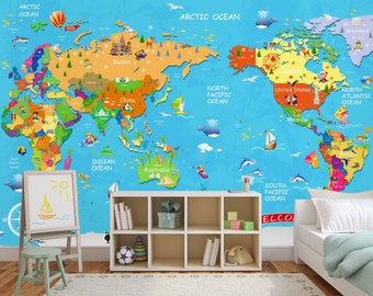 Explore the World by little hands Kids Room Wallpaper, Map Mural Animal Wallpaper, Boys Room Wallpaper Girl Room Wallpaper by Magic Walls