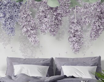 Lilac Wisteria Floral Wall Mural: Peel Stick Hanging Purple Flowers Bedroom Living Room Decor