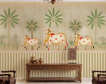 Pichwai Kamdhenu Mural Wallpaper, Rajasthani Wall Art, Ethnic Pooja Room Removable Decor