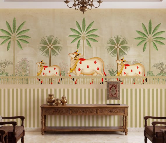 Pichwai Kamdhenu Mural Wallpaper, Rajasthani Wall Art, Ethnic Pooja Room Removable Decor