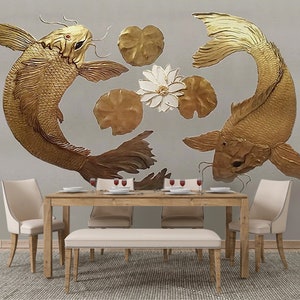 feng shui Fish Wall Art | Non Woven Wallpaper or Peel and Stick Wallpaper | Living Room Design | Beautiful Wall Art | Magic Walls