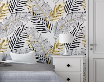 Gold Leaf Banana Palm Wallpaper: Tropical Peel and Stick Removable Wall Design