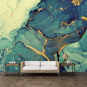 Watercolour Blue and Green mix Marble Wallpaper Abstract Wallpaper Peel and Stick Wallpaper Wall Decor Wallpaper Rolls
