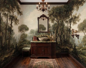 Vintage Enchanted Forest Wallpaper Mural, Misty Tree Scenic Peel and Stick Removable Wall Art
