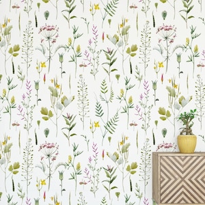 Carta da parati disegnata a mano con buccia e bastoncino di fiori di campo, carta da parati botanica floreale, carta da parati autoadesiva, carta da parati bianca e verde
