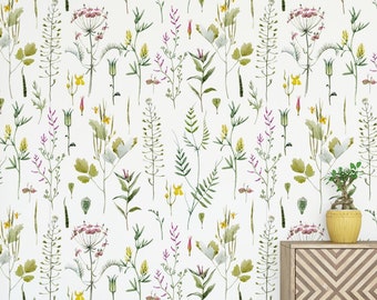 Wildflowers Hand Drawn Peel and Stick Wallpaper, Flower Botanical Wallpaper, Self Adhesive Wallpaper, White and Green Wallpaper
