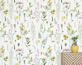 Wildflowers Hand-Drawn Peel and Stick Wallpaper: Botanical White & Green