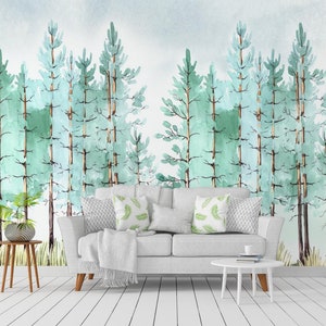 Watercolor Pine Tree Wood Nature Wallpaper Murals, Nature Wallpaper, Peel and Stick Wallpaper, Nursery Wallpaper, Kids Room Wallpaper