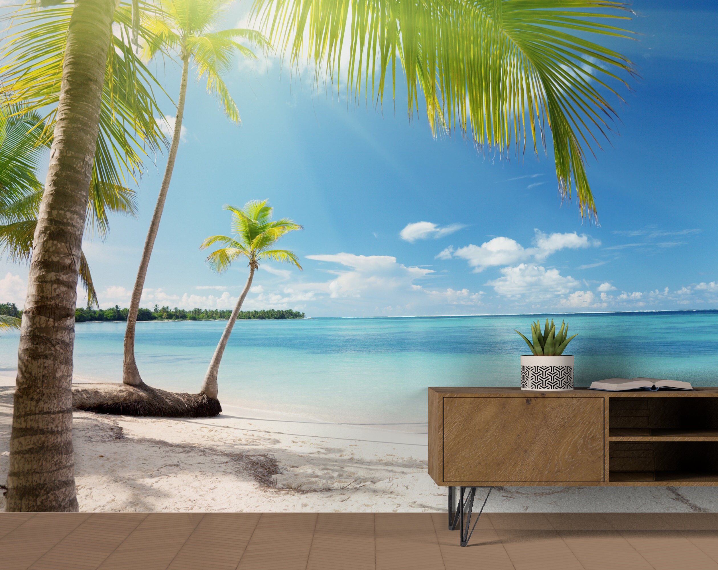 Palm Tree Beach Wallpaper: Blue Ocean View, Peel and Stick Wall Mural ...