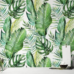 Jungle Tropical Leaves Watercolour Style peel and stick Wallpaper for Kids Room and Kitchen Removable Wallpaper and Wallpaper Rolls