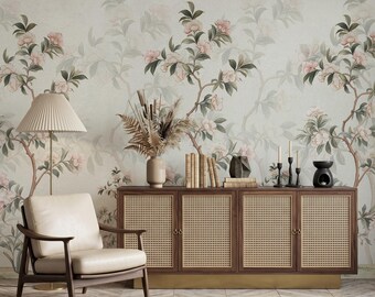 Chinoiserie Camellia Floral Wallpaper, Soft Pink Botanical Mural - Elegant Sage Green Bedroom Removable Decor