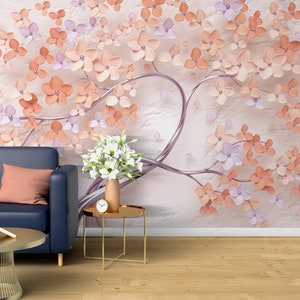 3D rose pink flowers and tree mural wallpaper, peel and stick tree wallpaper, 3d wall mural, bedroom wallpaper, removable wall paper