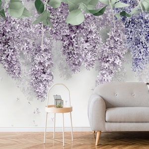 3D ライラック 藤の花 壁画壁紙 | 不織布壁紙または剥がして貼る壁紙 | リビングルーム デザイン | 室内装飾 | ウォール アート