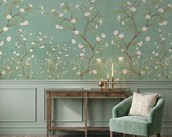 Teal Green Chinoiserie Mural Wallpaper, Floral Peony Peel and Stick, Powder Room Botanical Decor