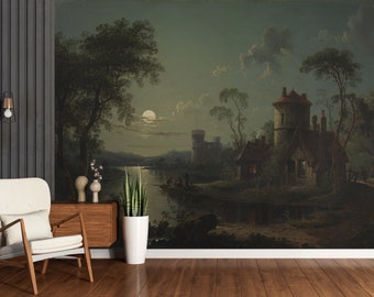 scenic wall mural wallpaper landscape, dark landscape wall paper, removable peel and stick vintage wallpaper, nature landscape wall mural
