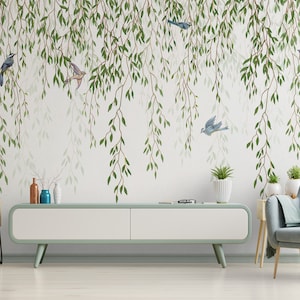 Weidenbaum-Tapetenwandbild, Chinoiserien Schälen und Aufkleben-Tapeten, Kinderzimmer-Tapeten, hängende grüne Blätter und fliegende Vögel-Tapete