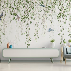 willow tree wallpaper mural, chinoiserie peel and stick wallpaper, kids room wallpaper, Hanging green leaves and flying birds wallpaper