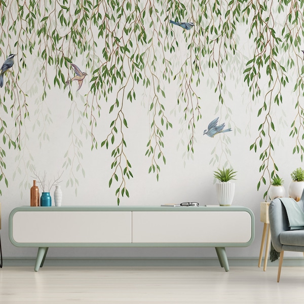 Weidenbaum Tapete Wandbild, Chinoiserie Schältapete, Kinderzimmer Tapete, Hängende grüne Blätter und fliegende Vögel Tapete