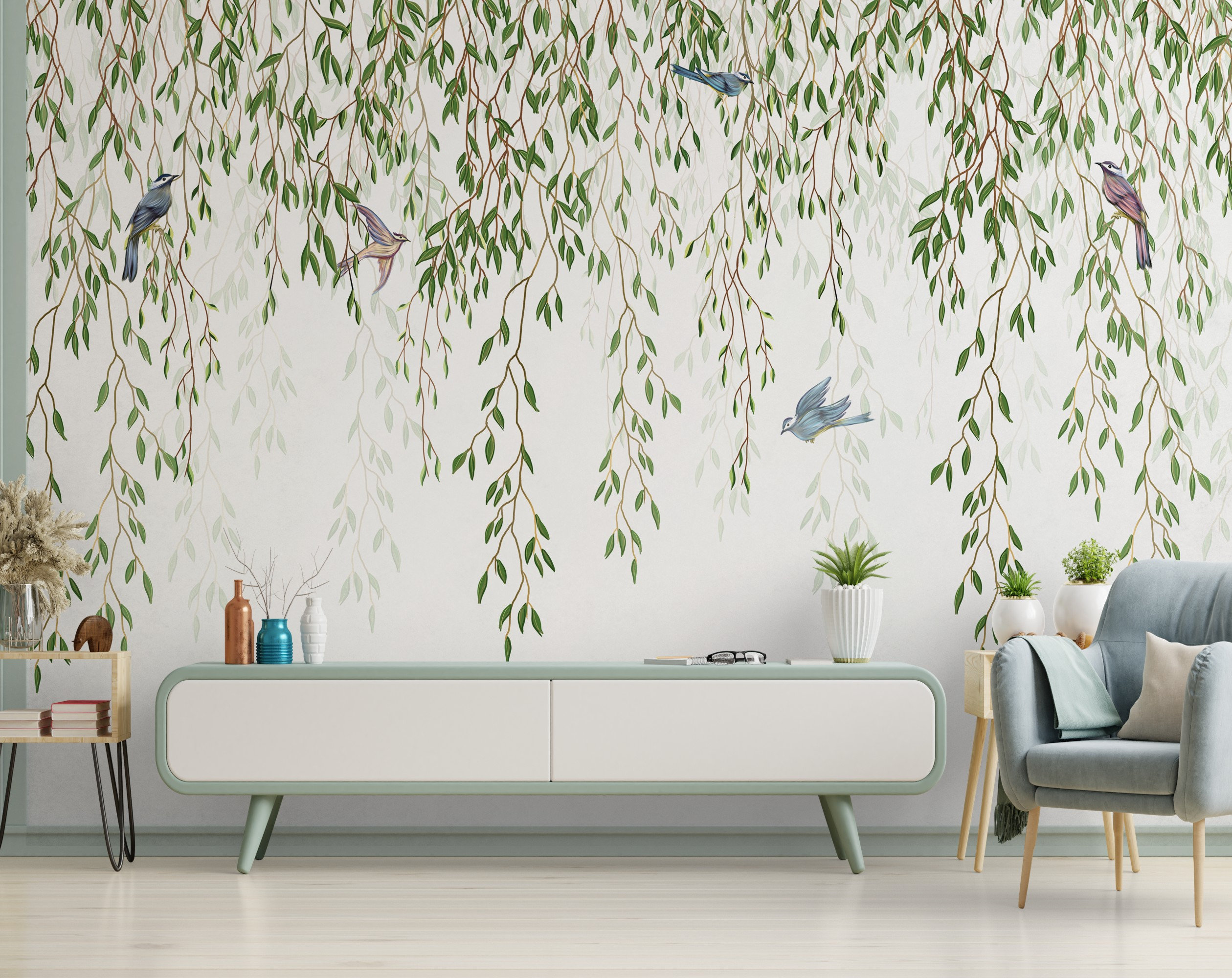 willow tree wallpaper mural, chinoiserie peel and stick wallpaper, kids room wallpaper, Hanging green leaves and flying birds wallpaper