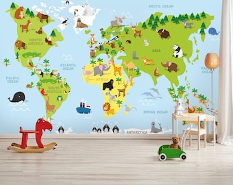 Nursery World Map Wallpaper Kids Room Wallpaper Animal World Map Peel and Stick Mural Playroom Kids World Map Baby Boy Girl Room Wallpaper