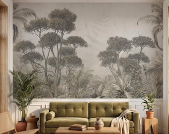 Misty Jungle Tree Mural Wallpaper, Moody Tropical Forest Botanical Wall Art (Removable Decor)