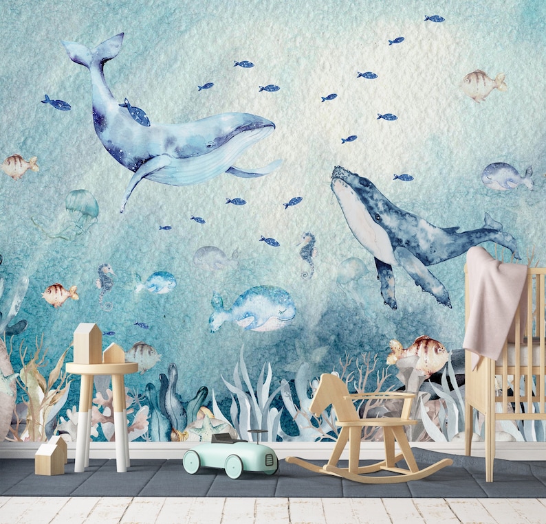 underwater-nursery-room-wallpaper-kids-wallpaper-marine-life-etsy