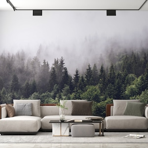 landscape green tree foggy forest wallpaper, misty forest wall mural, living room wall paper, nature woodland peel and stick wallpaper