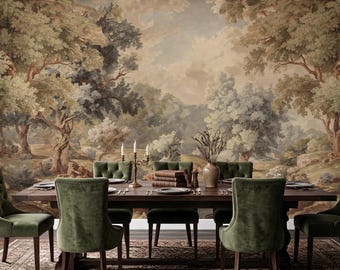 Vintage Verdure Forest Wallpaper Mural: Baroque Landscape Tapestry, Peel and Stick Tree Art