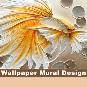 K&ouml;nnte beinhalten: Ein 3D-Tapete-Wandbild-Design mit einem wei&szlig;en und gelben Fisch mit flie&szlig;enden Flossen, umgeben von silbernen Blasen auf einem hellbraunen Hintergrund. Der Text "Wallpaper Mural Design" befindet sich am unteren Rand des Bildes.