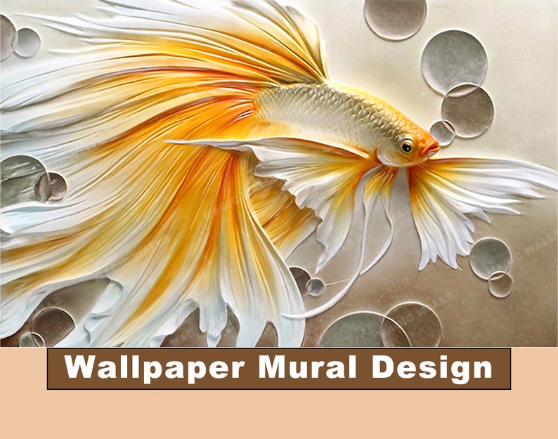 K&ouml;nnte beinhalten: Ein 3D-Tapete-Wandbild-Design mit einem wei&szlig;en und gelben Fisch mit flie&szlig;enden Flossen, umgeben von silbernen Blasen auf einem hellbraunen Hintergrund. Der Text "Wallpaper Mural Design" befindet sich am unteren Rand des Bildes.