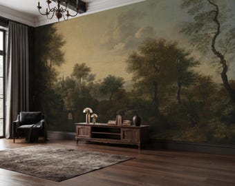 Vintage Forest Landscape Mural, Dark Green Woodland Peel and Stick Wallpaper