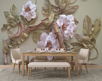 3D Blumen Wandbild Wallpaper | Tapete abziehen und aufkleben | Wohnzimmer Design | Selbstklebende Tapete