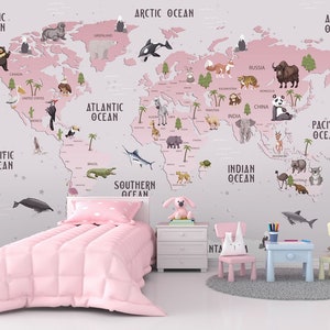 Pink Kids Map Peel and Stick Wallpaper, Weltkarte Wallpaper Karte der Welt Wandbild, abnehmbare Tapete niedlichen Tier Karte Tapete