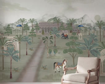 Mughal Palace Garden Mural – Hand Painted Indian Landscape, Elephant Horse Art (Peel and Stick)