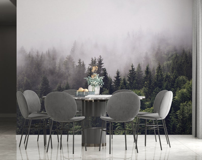 Misty Forest Wallpaper Mural: Green Tree Woodland Peel and Stick - Etsy