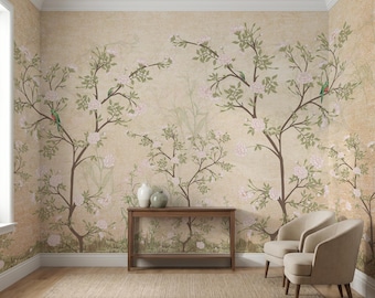 Chinoiserie Bird Wallpaper: Vintage Floral Tree Mural, Botanical Wall Art Peel and Stick