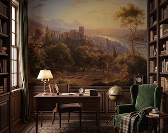 Vintage European Castle Landscape Mural, Old World Scenic Sunset Peel Stick Wall Decor