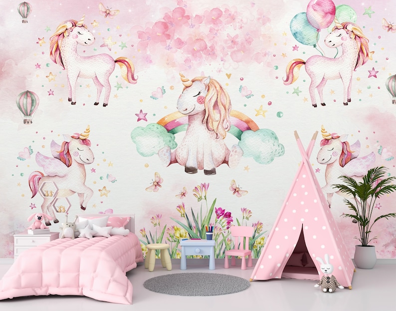 Nursery Unicorns Wallpaper Kids Room Peel and Stick Etsy