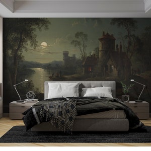 scenic wall mural wallpaper landscape, dark landscape wall paper, removable peel and stick vintage wallpaper, nature landscape wall mural