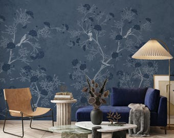 Navy Blue Chinoiserie Birds Wallpaper, Dark Floral Botanical Peel and Stick Mural, Luxury Decor