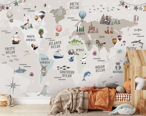Large Size Wall Mural With Hand Drawn Watercolor Forest Animals And Plants. Stock Illustration - View #2