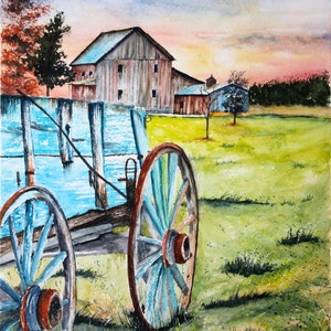 May include: A watercolor painting of a blue wagon with two wooden wheels, parked in a field with a red barn in the background. The sky is a soft pink and blue.
