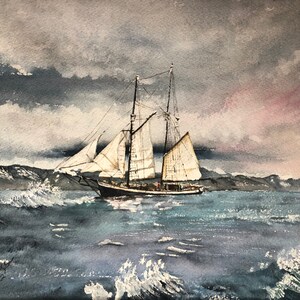 Barca a vela in mare tempestoso in acquerello 11x14