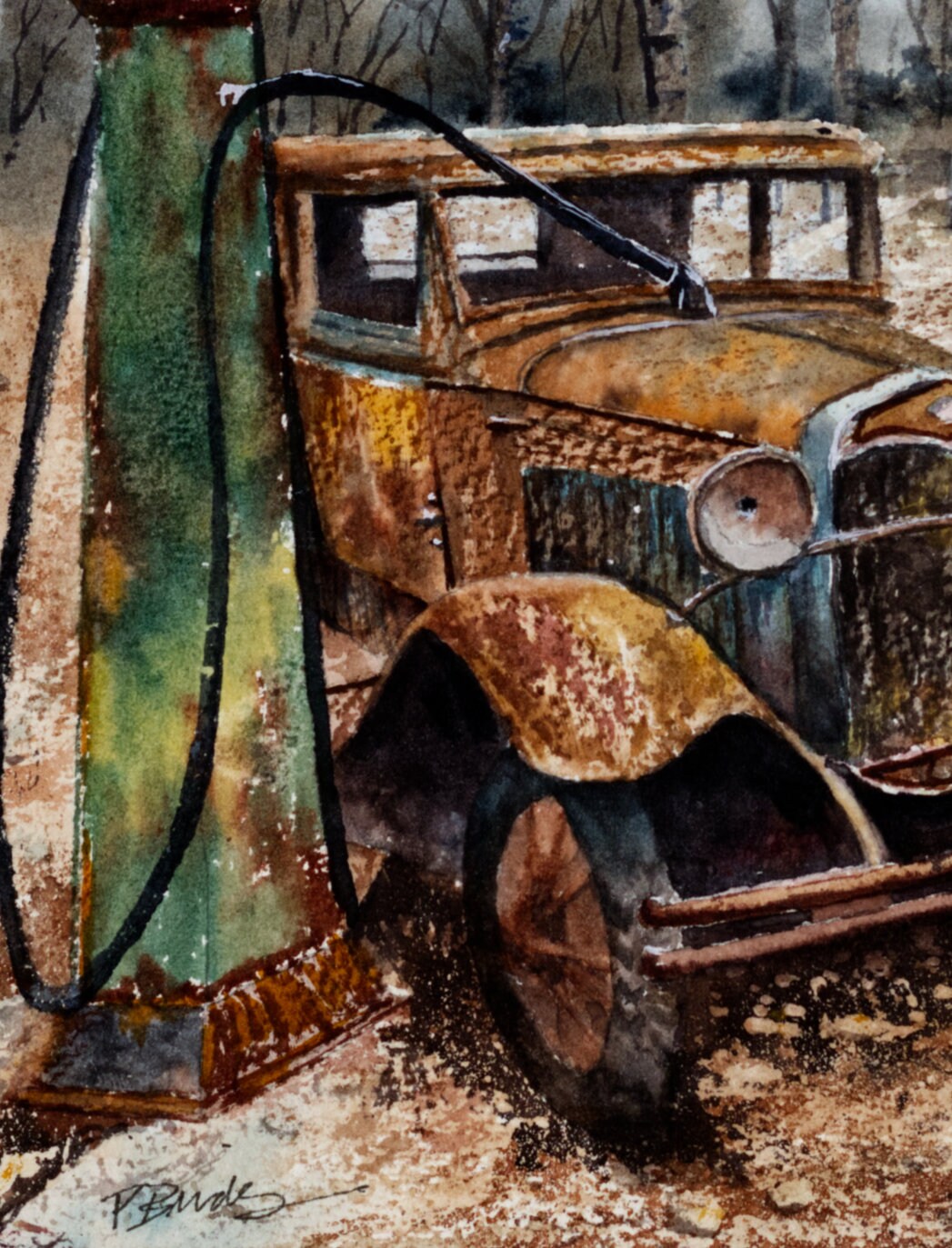 Rusty Old Car With Vintage Gas Pump in Watercolor 9x12 - Etsy