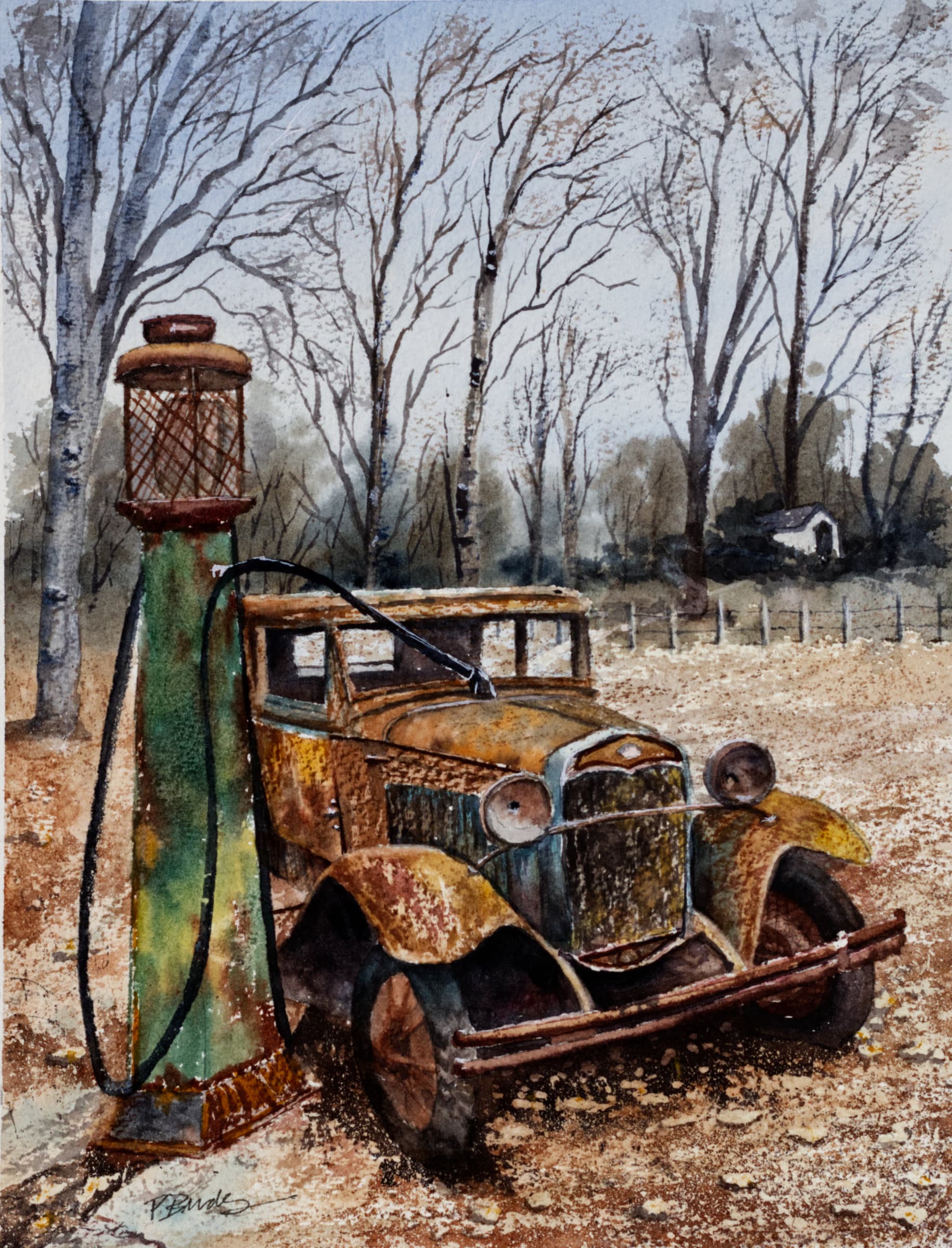 Old Rusted Car Drawing Rusty Old Car With Vintage Gas Pump in Watercolor 9x12 - Etsy
