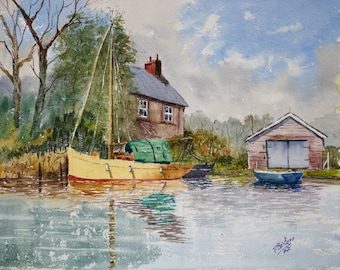 Fishing Cabin with Boat House in Watercolor 11x14