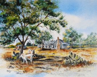 Ranch in Central Texas in Watercolor with Longhorns 11x14