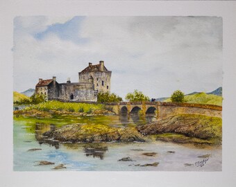 Eilean Donan Castle Scotland, Original Framed Watercolor Castle, Framed Watercolor Scotland Castle